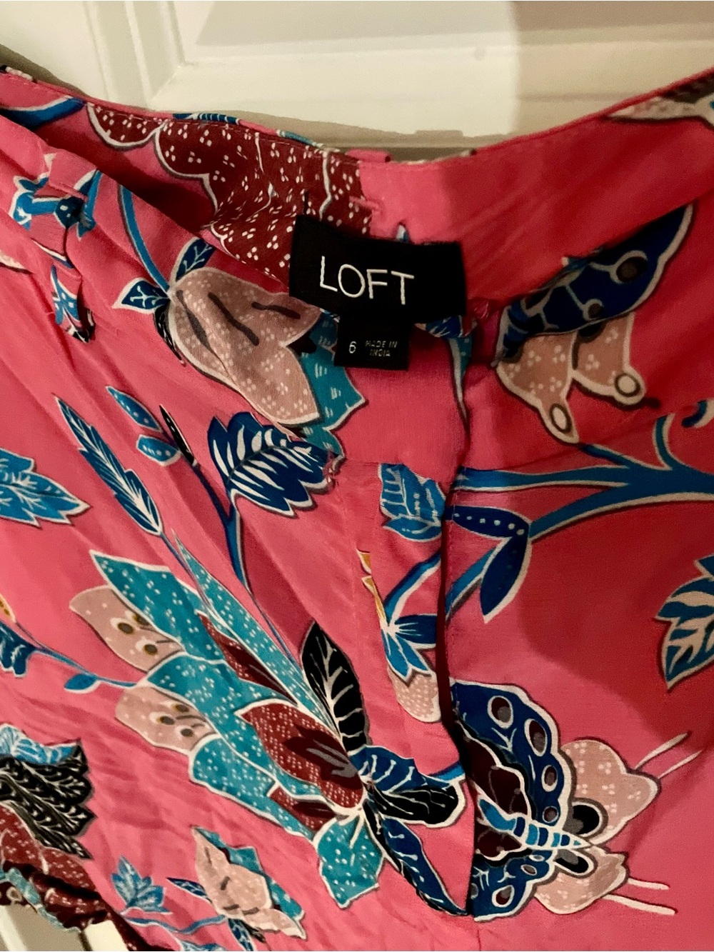 LOFT Pink Floral A-Line Skirt with Blue and Cream Accents